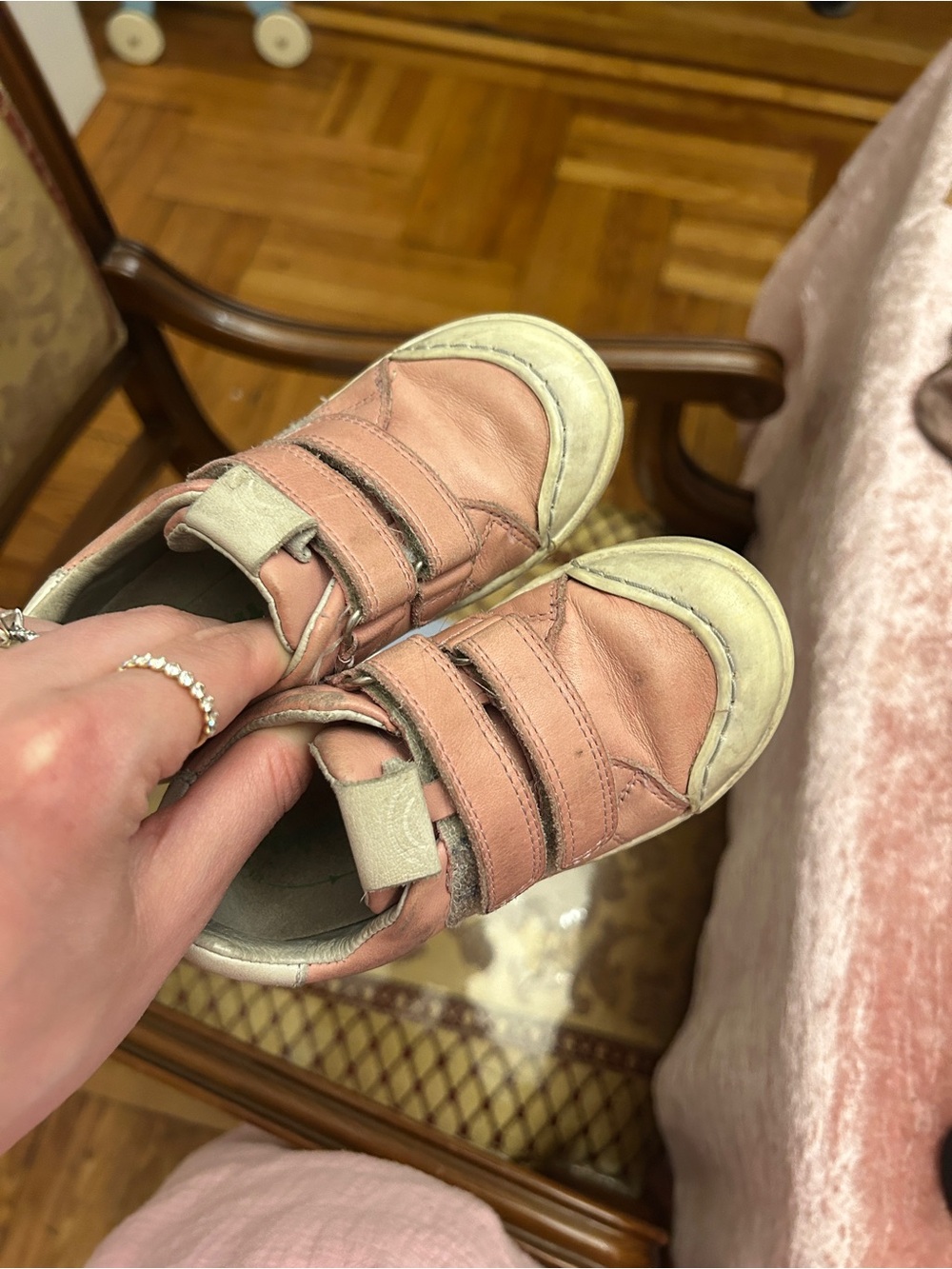 Kids Velcro Pink Leather Sneakers with Cream Accents